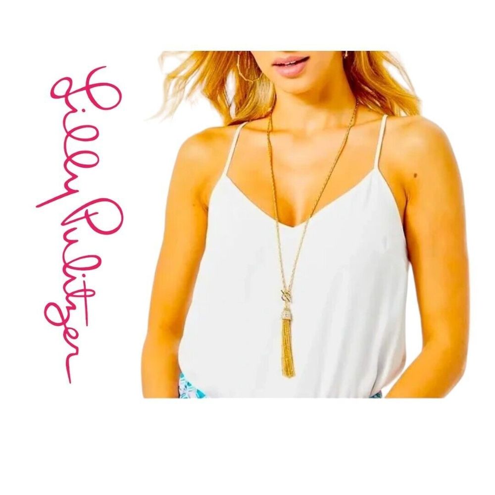 Lilly Pulitzer Fronds Tassel Necklace in Gold Metallic NEW with Lilly‎ Bag